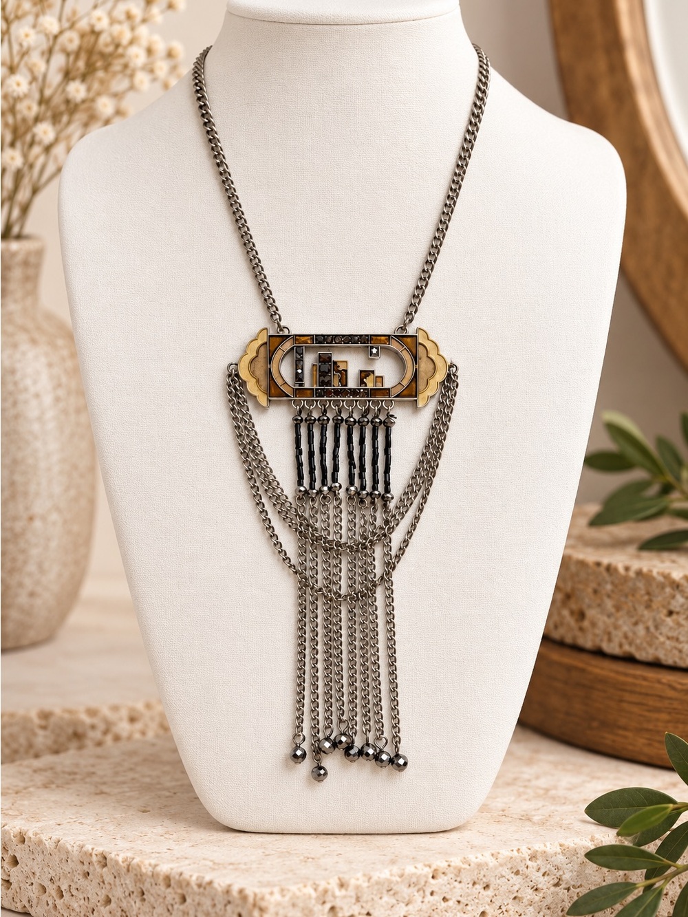 🆕 Two-Tone Gunmetal and Gold Fringe Pendant Necklace